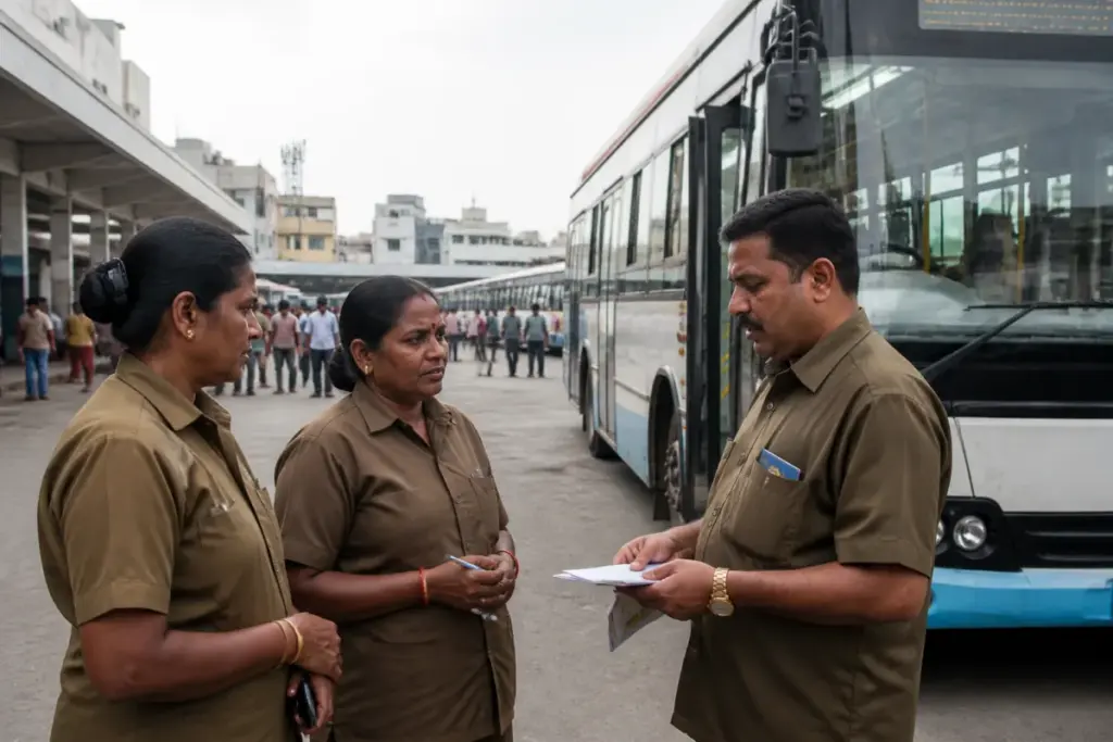 Hyderabad RTC women conductors at a city bus depot