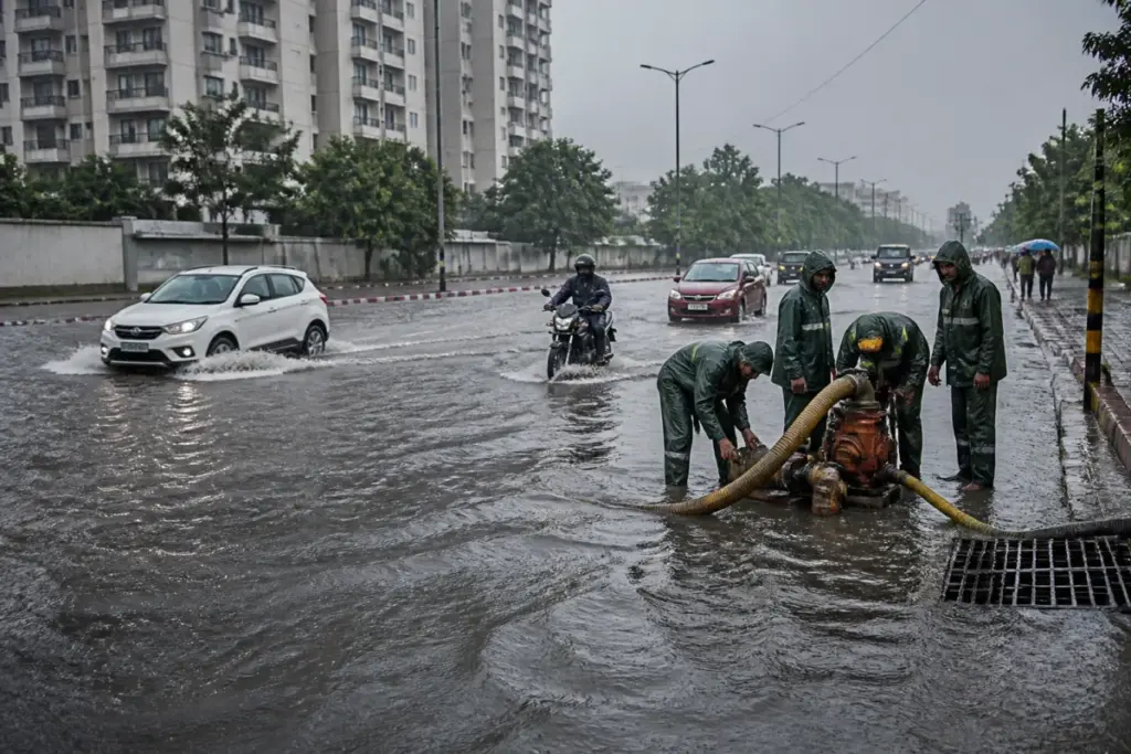 Chennai heavy rain leaving waterlogged roads as municipal workers clear standing water.