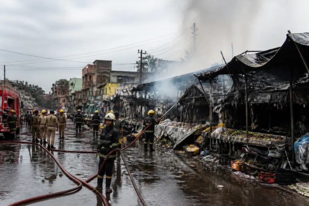 Firefighters tackle the Baghajatin market fire in Kolkata after stalls were destroyed.