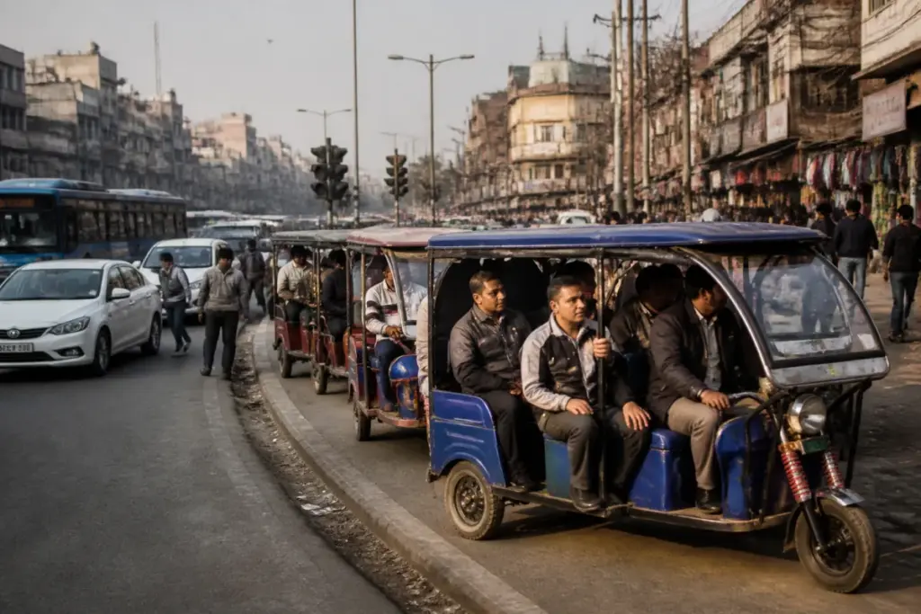 Delhi e-rickshaw policy debate on a congested road with drivers and passengers