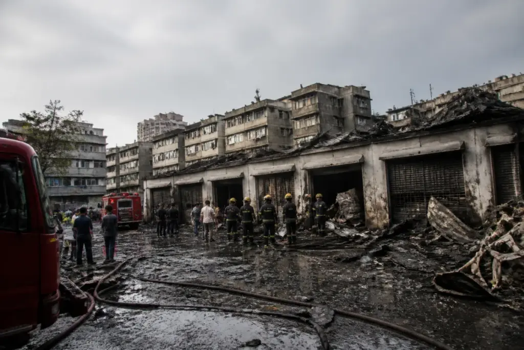 Mumbai scrap godown fire aftermath near commercial units in Saki Naka