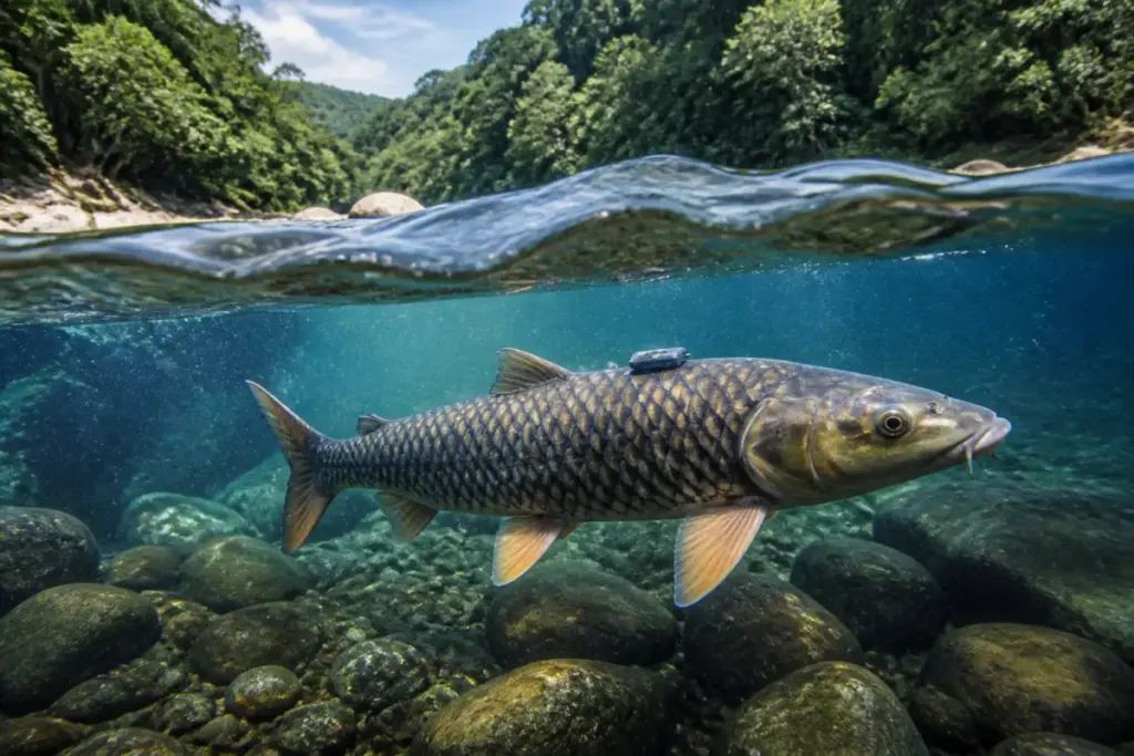 Humpbacked mahseer conservation in the Cauvery River, with rocky river habitat and forested banks
