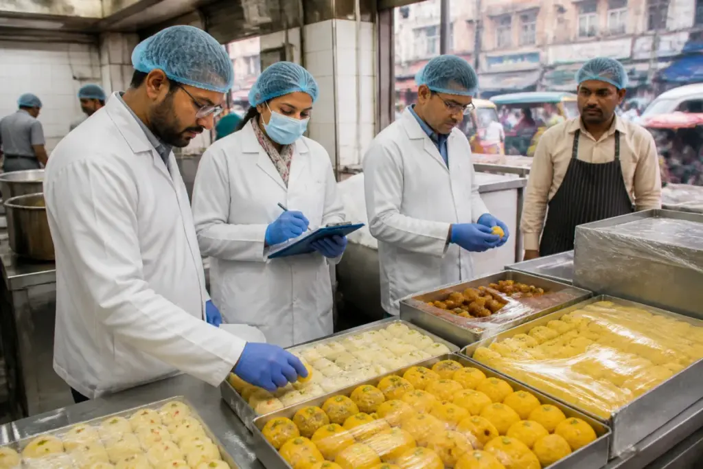 Delhi food safety inspections at a sweet shop with trays of Indian sweets and food inspectors