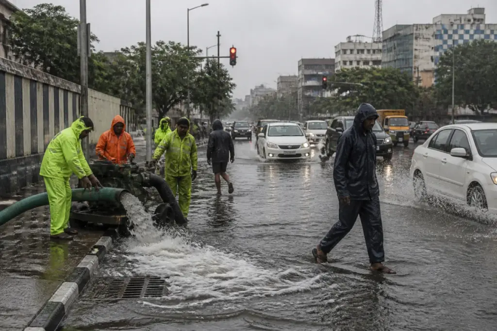 Chennai rain flooding a city road as commuters navigate waterlogged streets