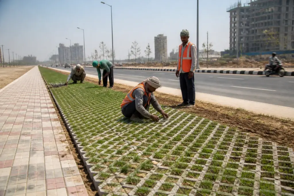 Grass grids installed along the 130-metre road in Greater Noida to control roadside dust