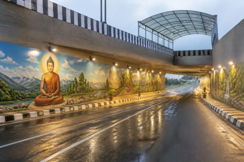 Gaur Chowk underpass in Greater Noida West with painted walls and finishing work