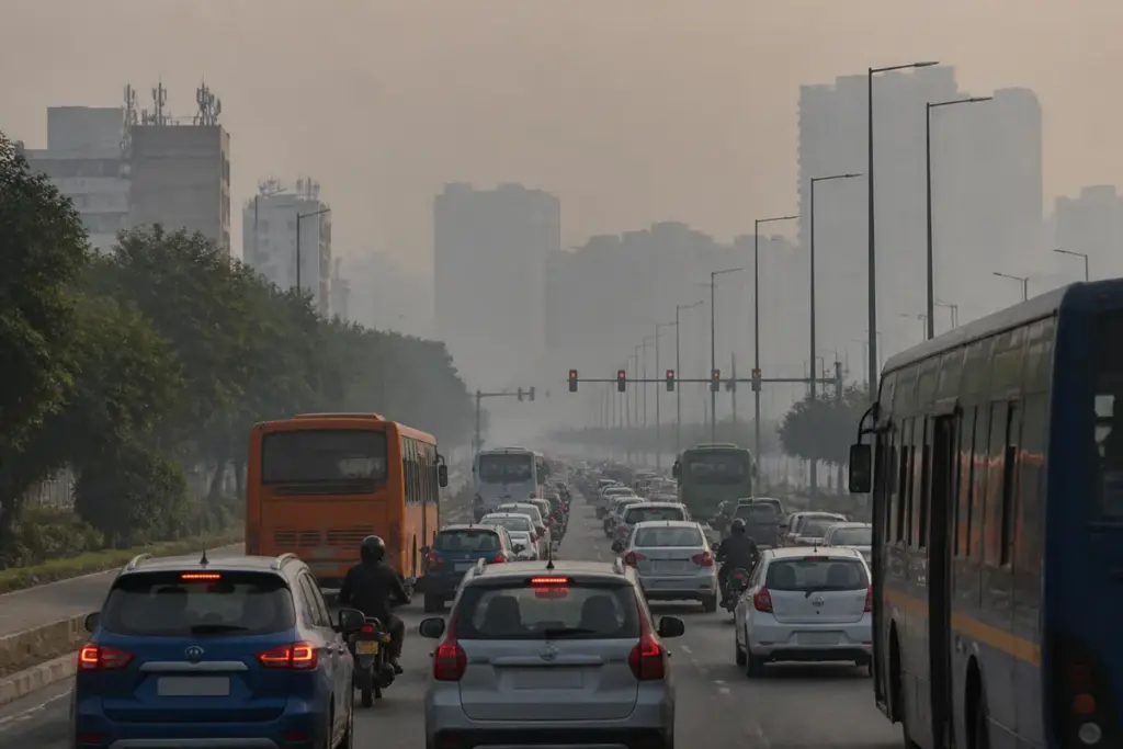 Delhi-NCR air quality haze over a busy road after Dussehra fireworks
