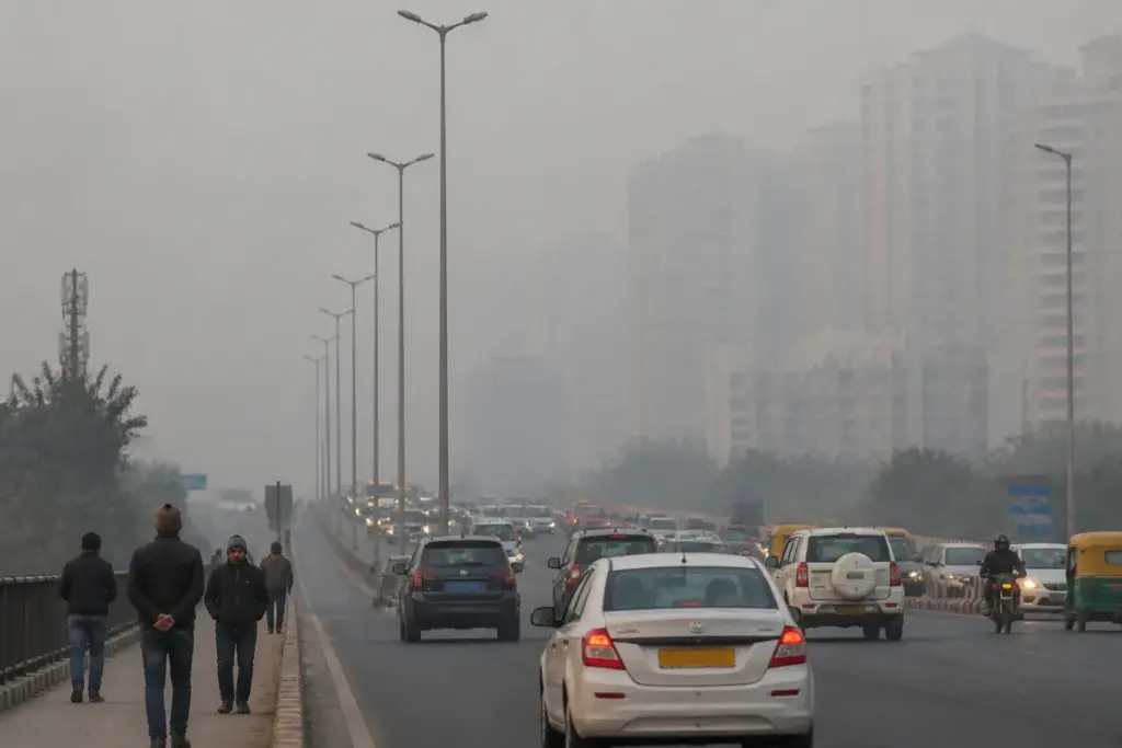 Delhi AQI haze over the city skyline with traffic and winter smog