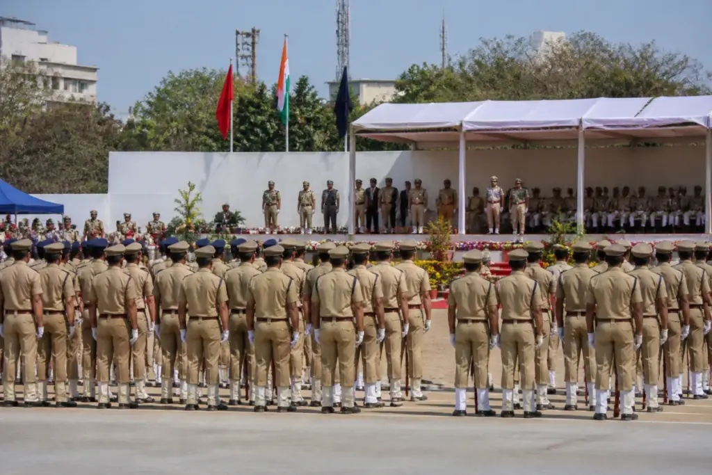Telangana police personnel at a Hyderabad commemoration parade as vacancies are targeted for filling by 2028.