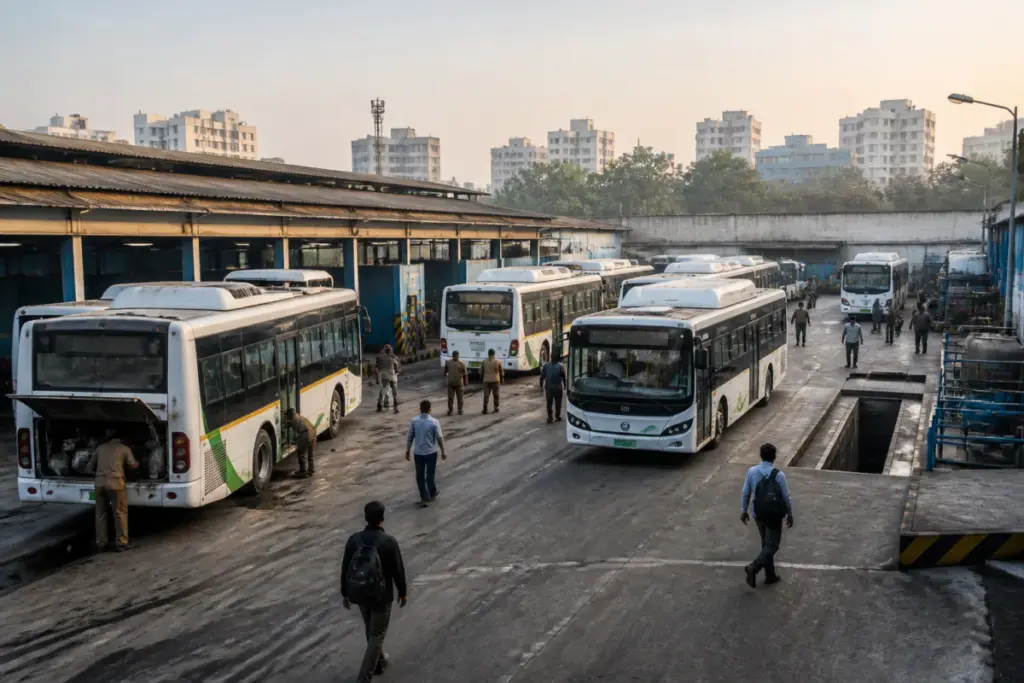 PMPML buses at a Pune depot during the public transport fleet expansion