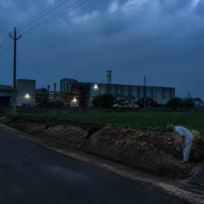 Gujarat power cuts affecting an industrial estate and farm irrigation at dusk