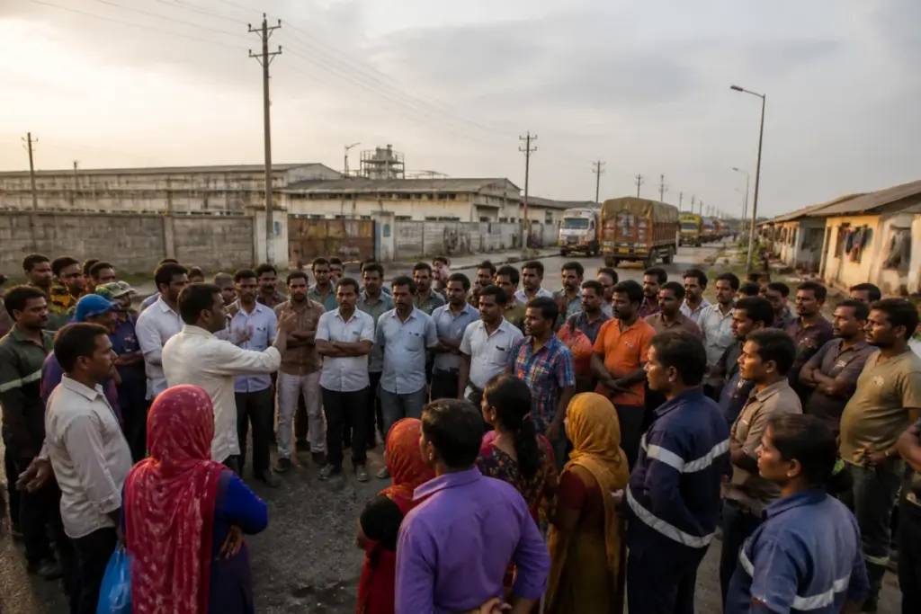 Gujarat workers gathered outside an industrial area during a labour protest
