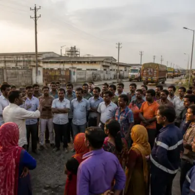Gujarat workers gathered outside an industrial area during a labour protest