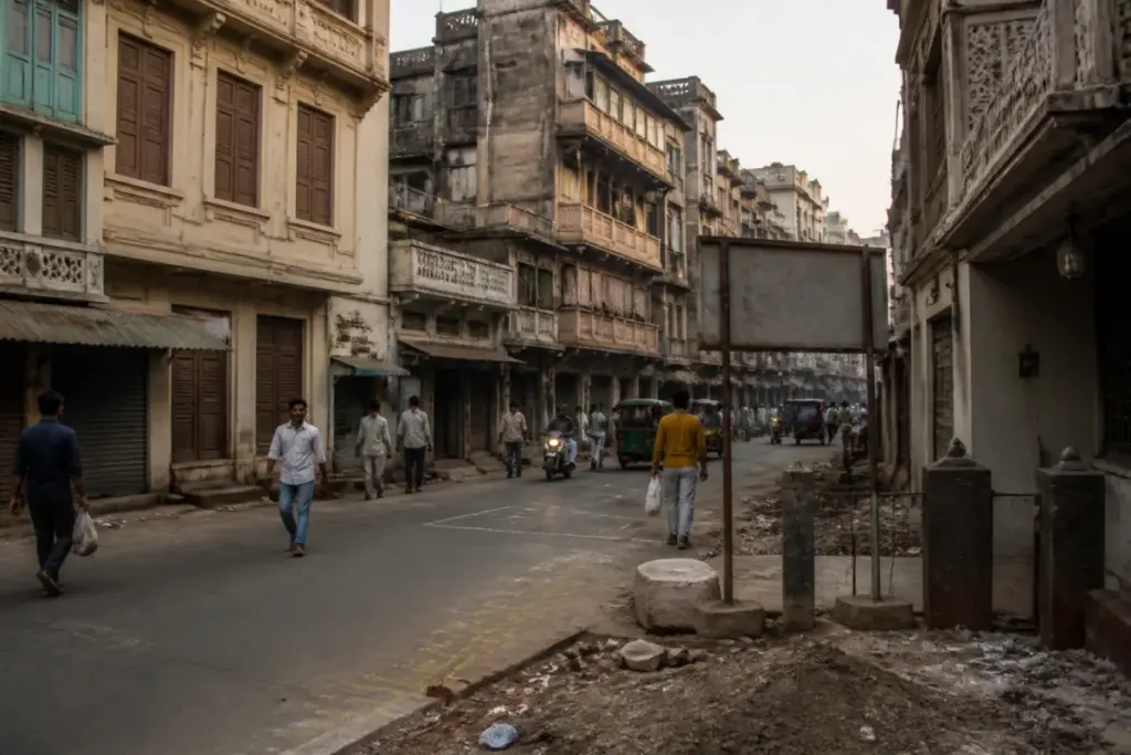 Dariyapur TP Scheme area in Ahmedabad with dense historic urban buildings and narrow streets
