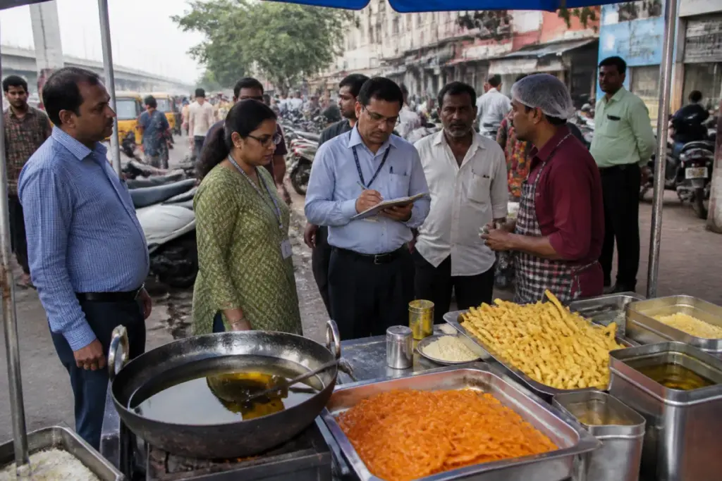 Ahmedabad food safety officials inspect a fafda-jalebi stall during Dussehra