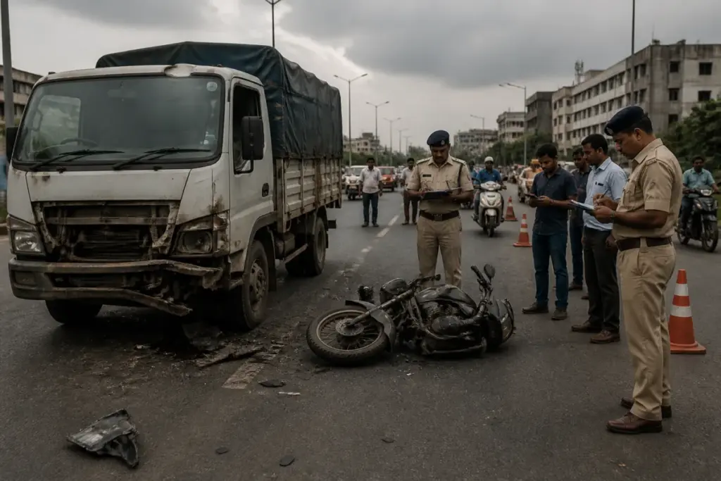 Ahmedabad road accidents scene involving a motorcycle and commercial vehicle on an urban road
