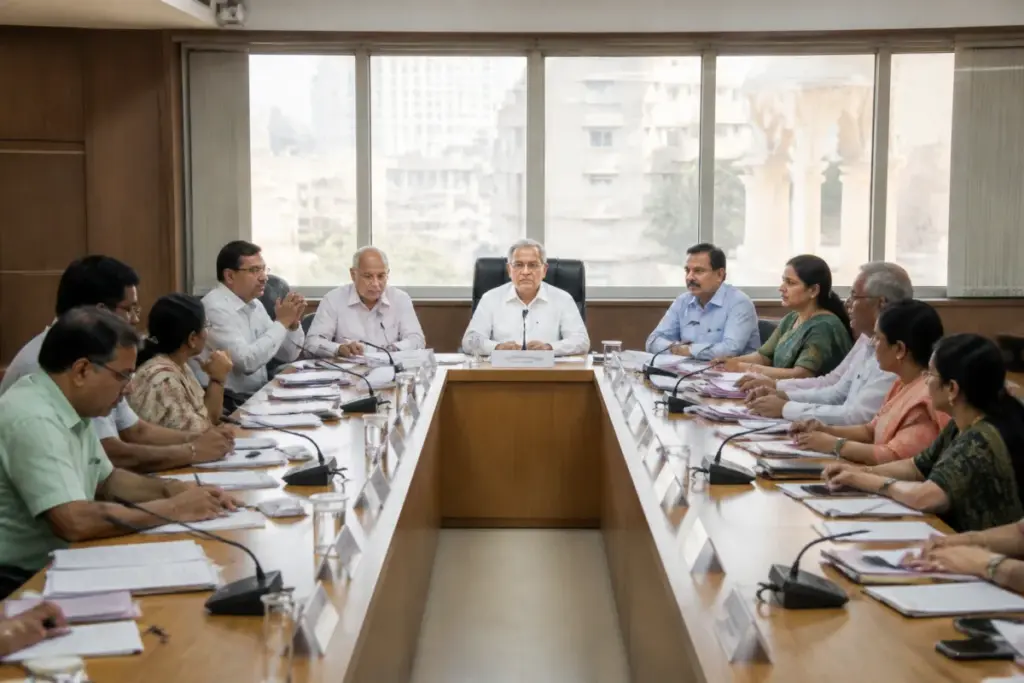 Ahmedabad school board meeting venue with civic education officials preparing for a leadership vote
