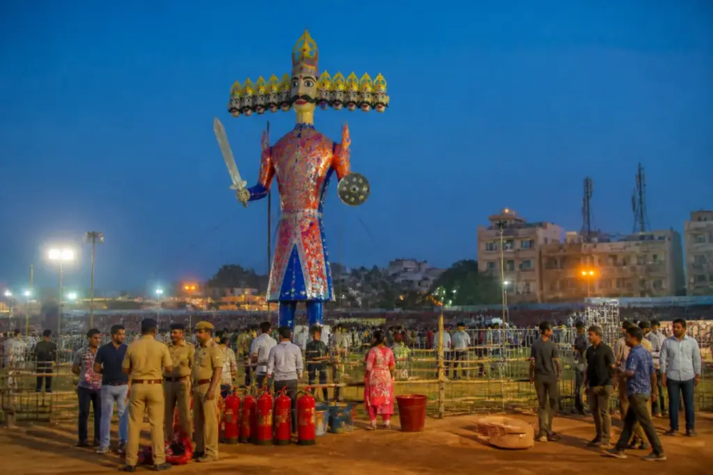 Bhubaneswar Ravan Dahan preparations with a large Ravana effigy and crowd safety arrangements