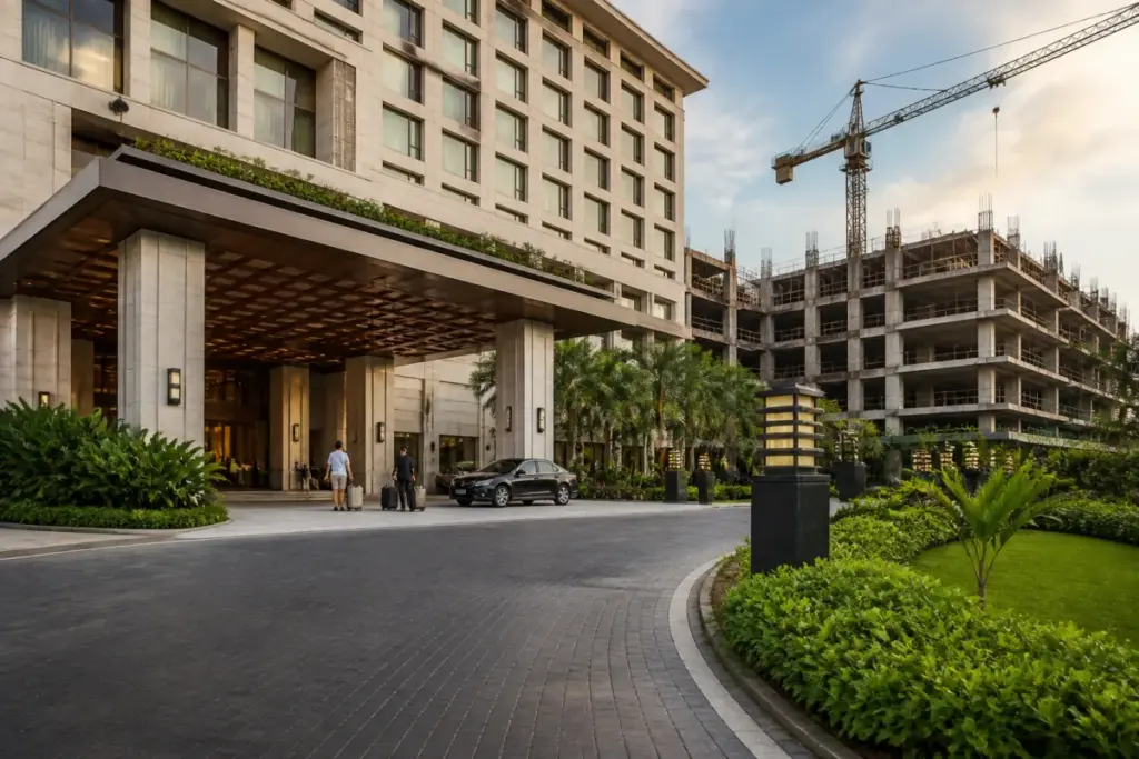 LaLiT hotel expansion represented by a modern Indian hotel with landscaped grounds and construction activity