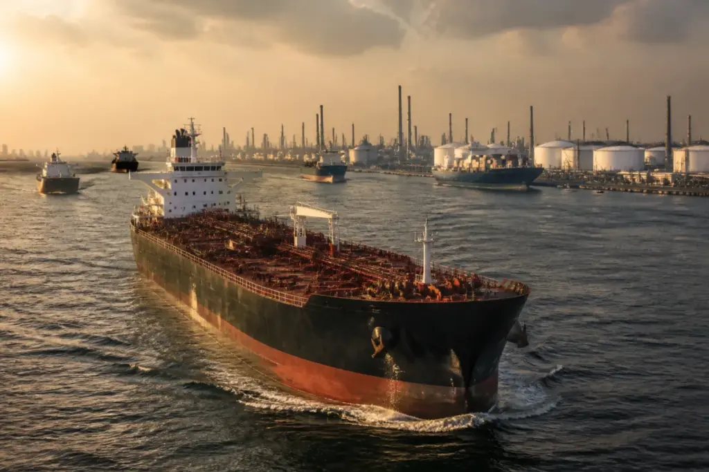 Brent crude price risks shown through an oil tanker near a congested Gulf shipping route