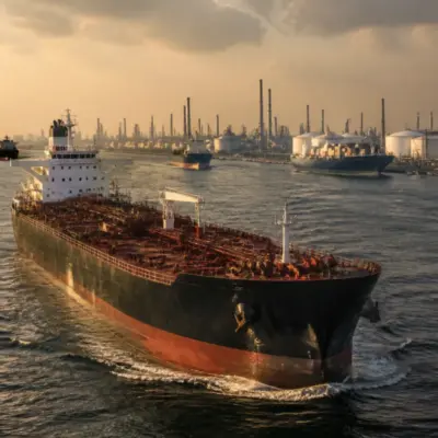 Brent crude price risks shown through an oil tanker near a congested Gulf shipping route