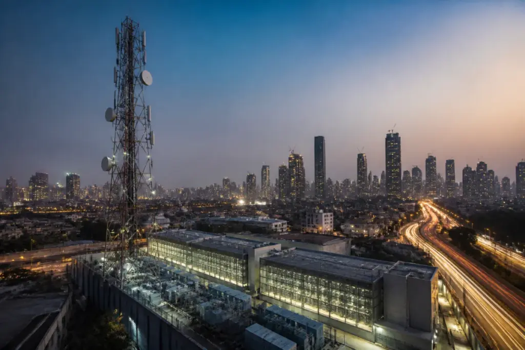 Jio Platforms IPO coverage with a telecom network tower and digital connectivity infrastructure in India