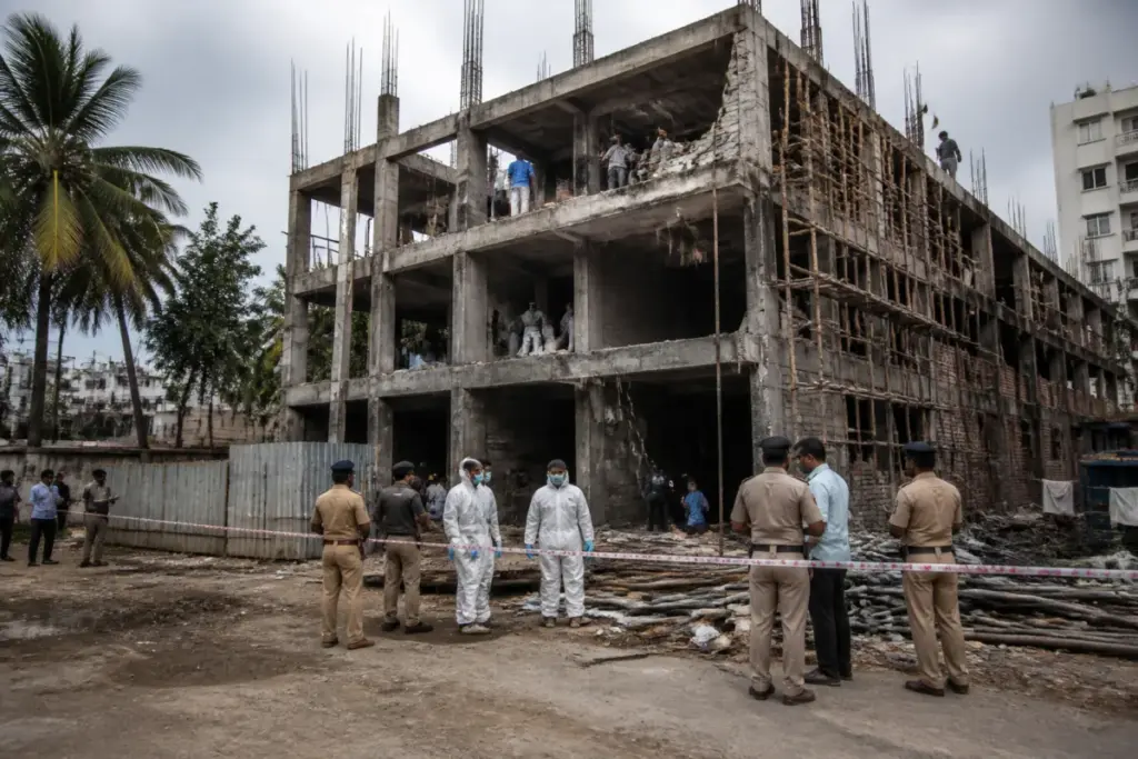 Police examine a Bengaluru construction site after a blast injured two people.