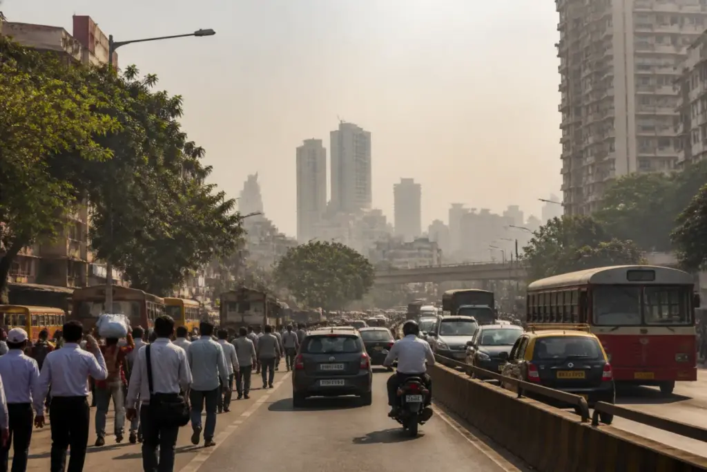 Mumbai weather update showing hazy skies over the city with humid conditions and urban traffic
