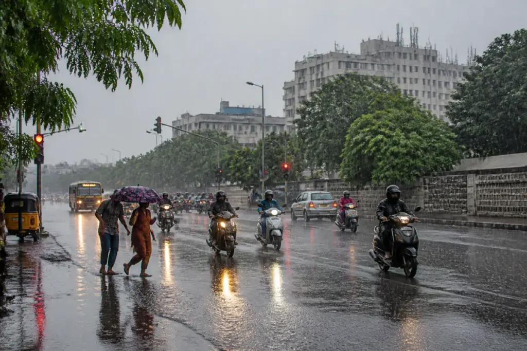 Chennai heavy rain falling on a waterlogged urban road with commuters and monsoon clouds