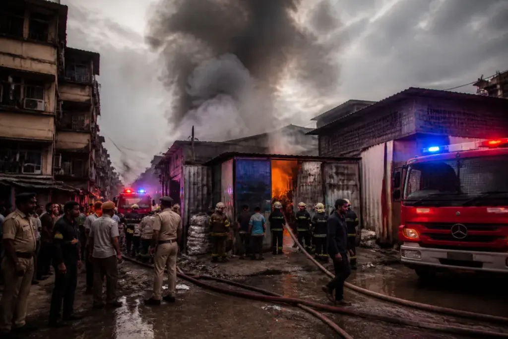 Firefighters tackle the Sakinaka fire near a scrap godown on Kairani Road in Mumbai.