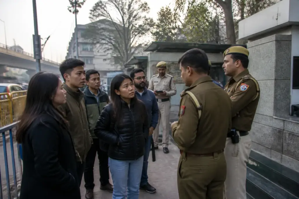 Delhi racial harassment protest imagery with Northeast Indian community members near a city police station