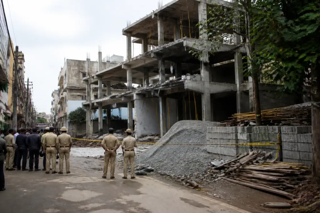Bengaluru construction-site explosion scene near an unfinished building in Pulakeshinagar