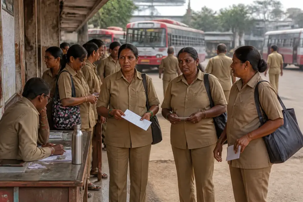 Kushaiguda RTC women conductors at a Hyderabad public transport depot