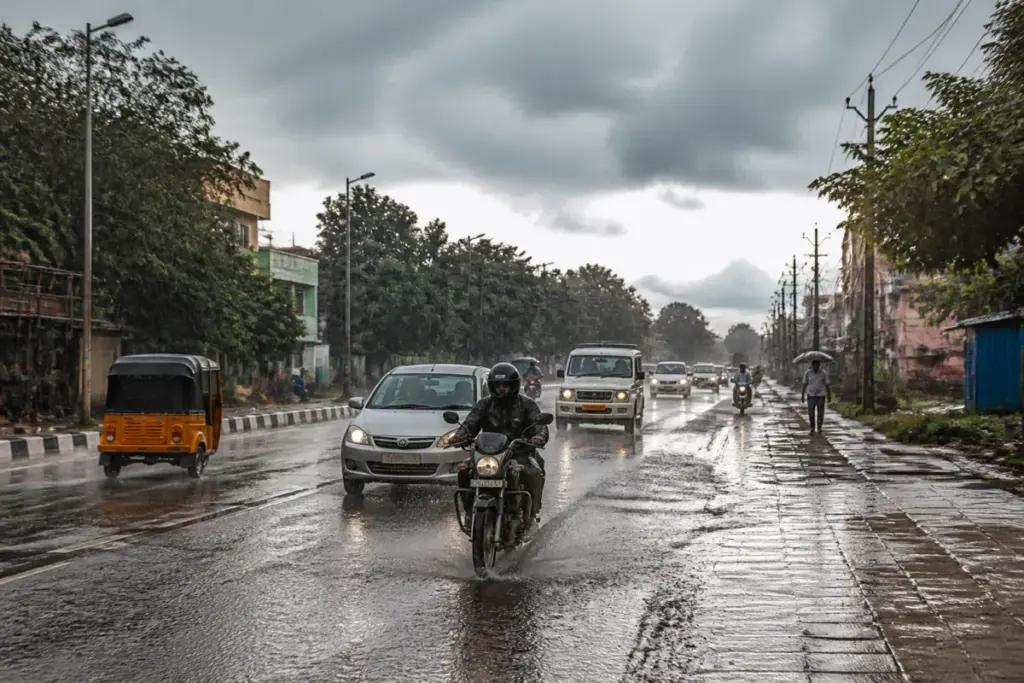 Tamil Nadu heavy rain over a flooded urban road with monsoon clouds and traffic