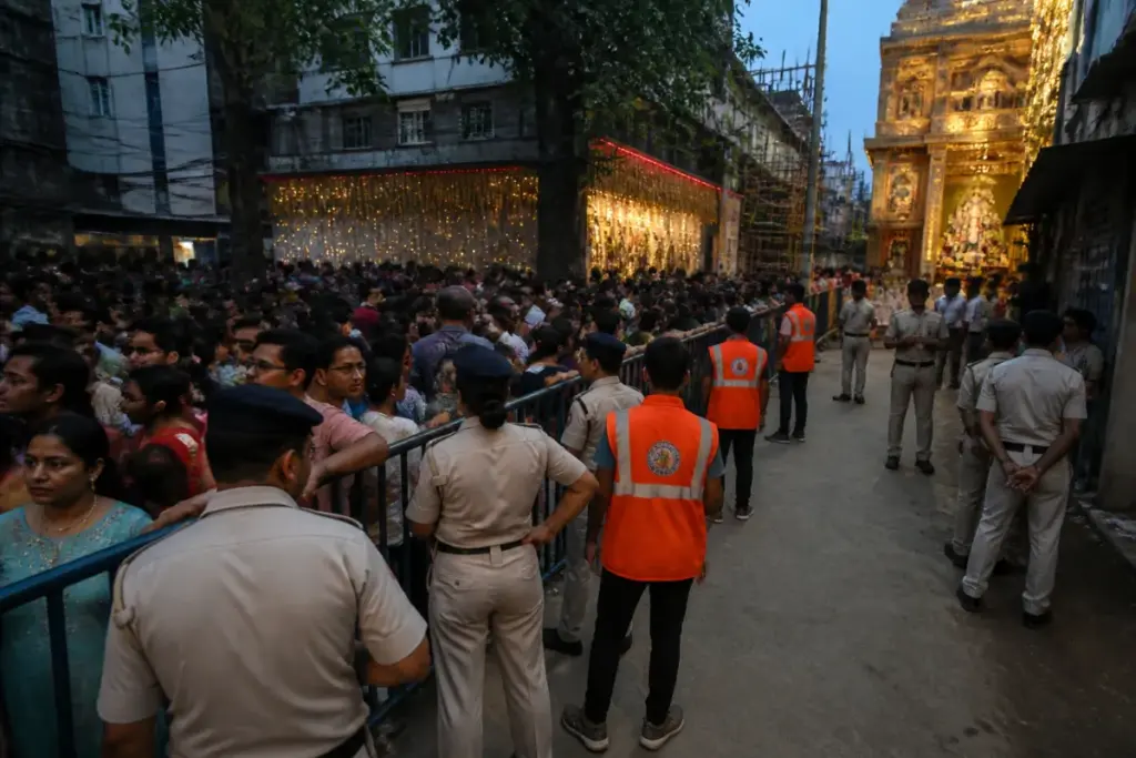 Crowd-control barriers and police near a Durga Puja pandal after the Chorebagan stampede