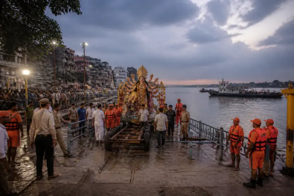 Durga idol immersion preparations at Babughat on the Hooghly in Kolkata
