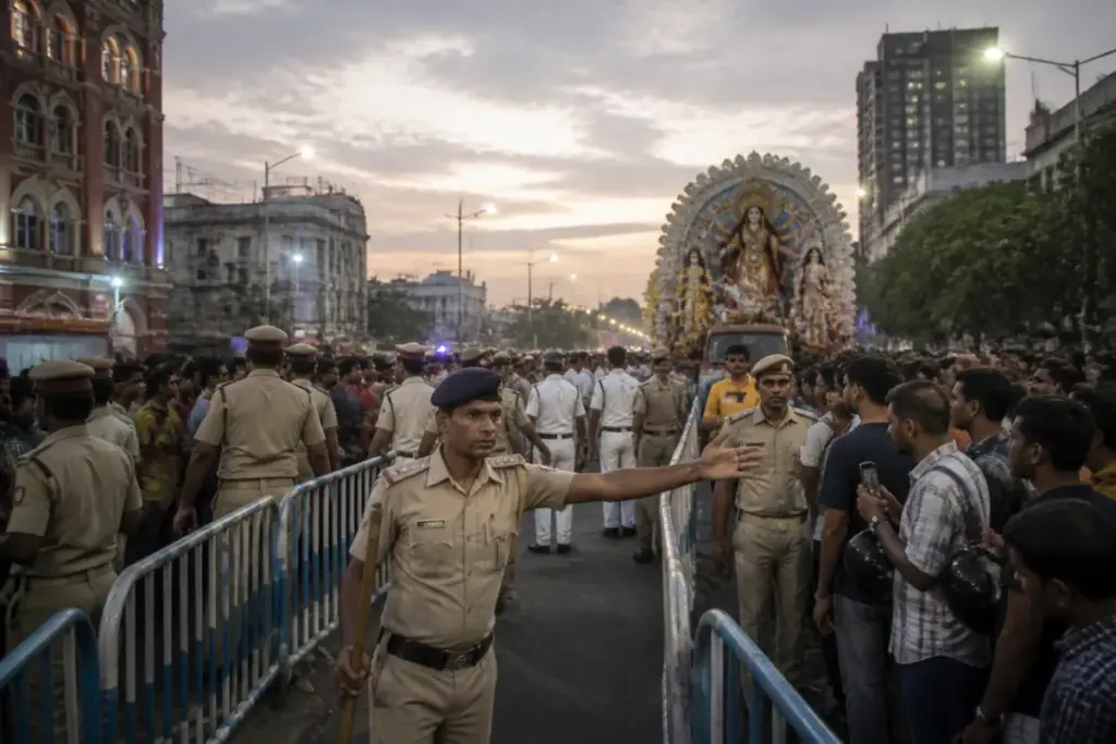 Police personnel managing a Kolkata Durga Puja immersion route after a fatal stampede.