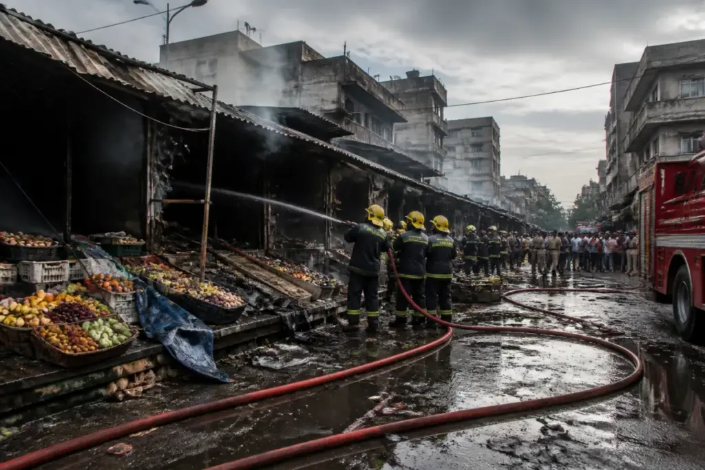 Firefighters tackle the Baghajatin market fire in Kolkata after stalls were gutted.