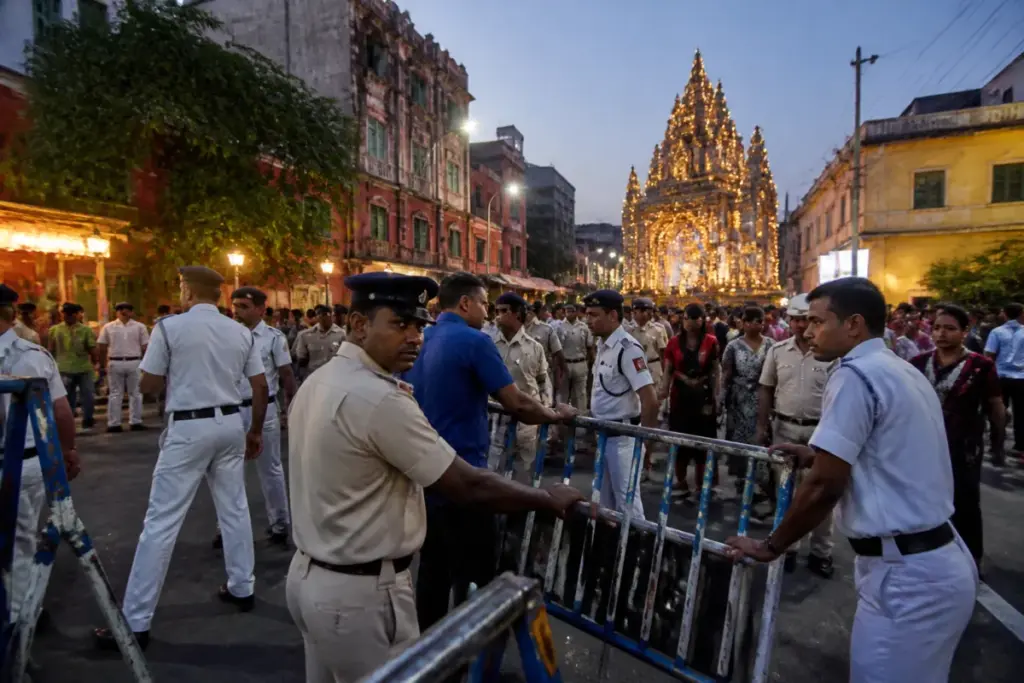Police manage crowd-control preparations for the Chorbagan stampede probe in Kolkata.