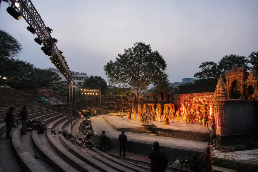 Shriram Bharatiya Kala Kendra’s open-air Ramlila stage during a Delhi rehearsal