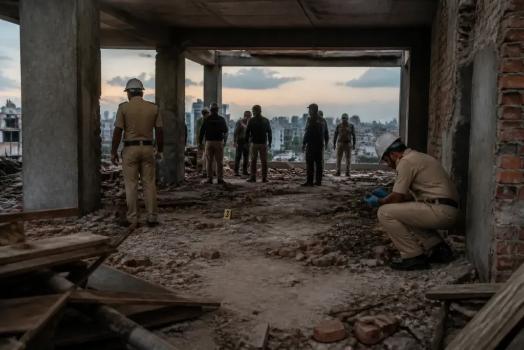 Police and forensic teams investigate a Bengaluru construction-site blast in Pulakeshinagar.