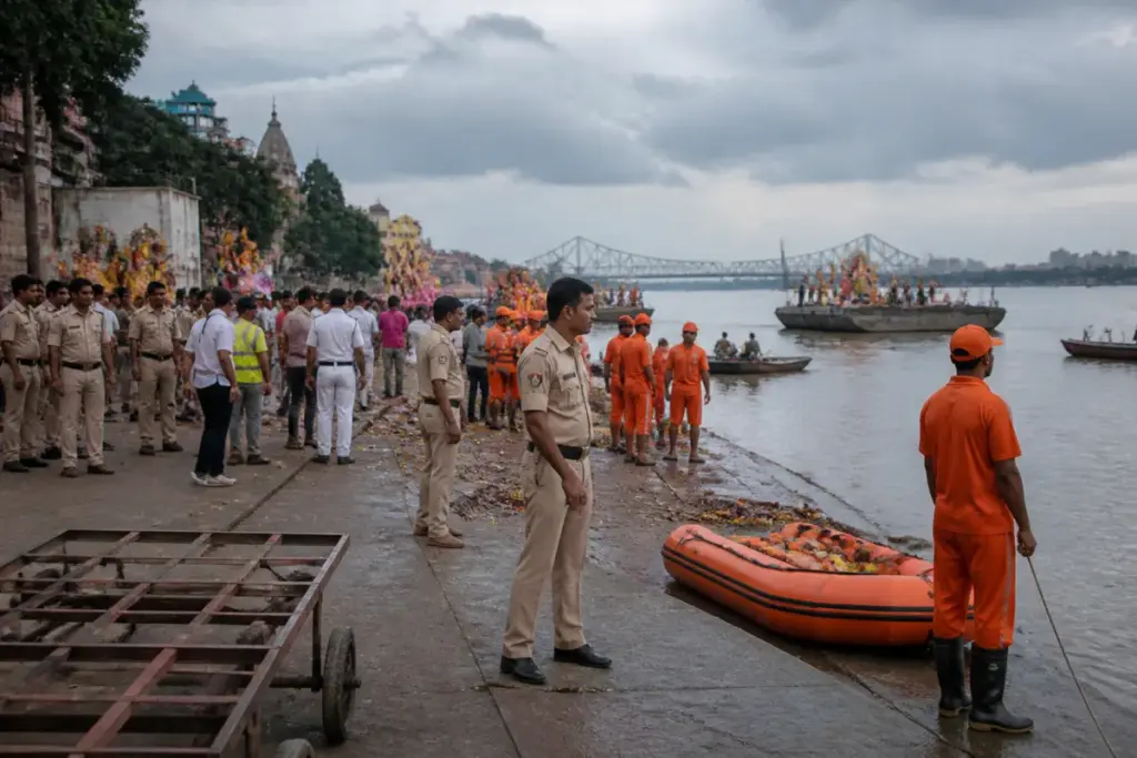 Kolkata immersion security teams prepare a Hooghly River ghat after a deadly Durga Puja stampede.