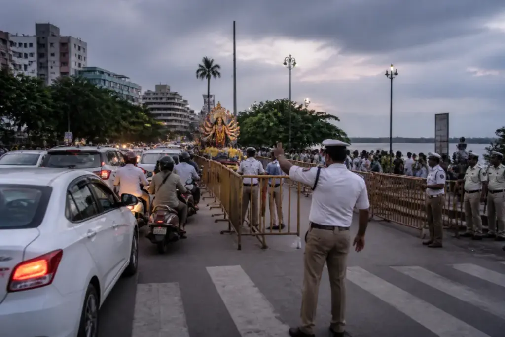 Hyderabad traffic restrictions near Hussain Sagar during a Durga idol immersion procession