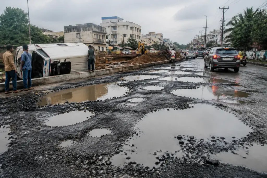 Pothole-filled Tambaram-Velachery Road in Chennai after rain, with damaged roadwork visible.