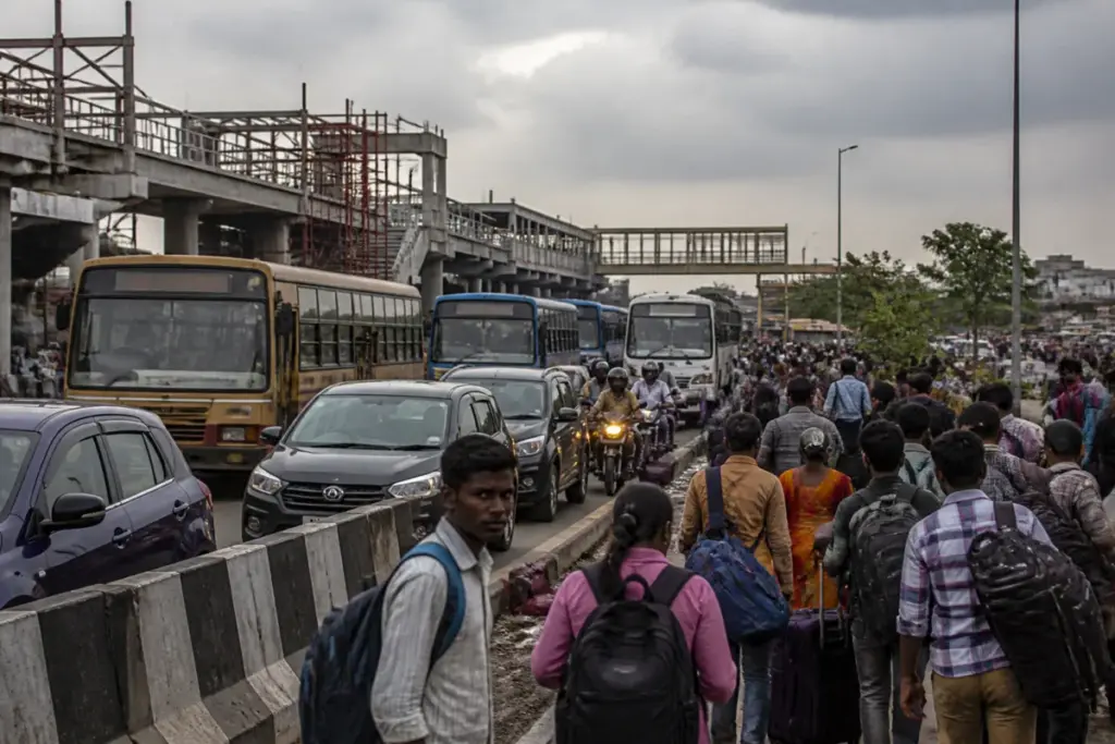 Kilambakkam traffic near Chennai bus terminus as passengers cross GST Road