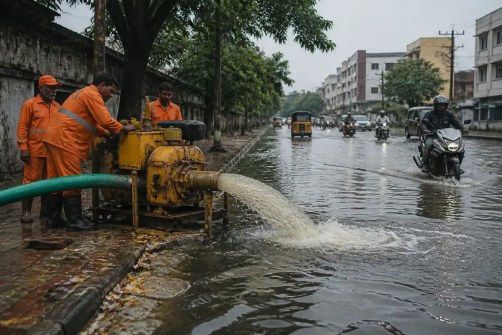 Chennai rains leave an urban road waterlogged as civic pumps remove accumulated rainwater.