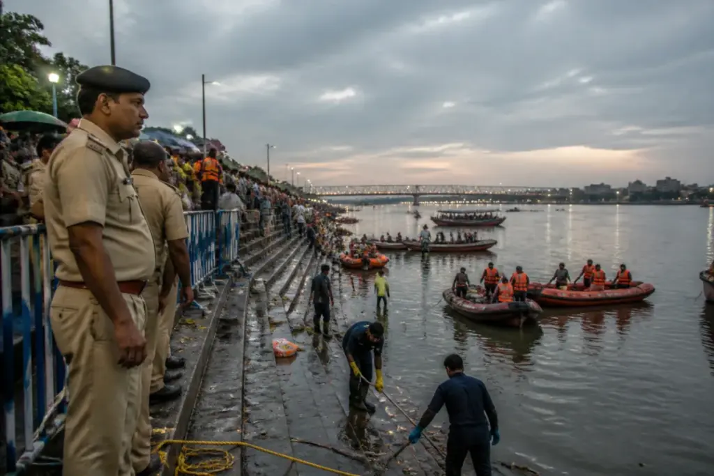 Kolkata Durga Puja immersion preparations at a Ganga ghat with police and rescue boats