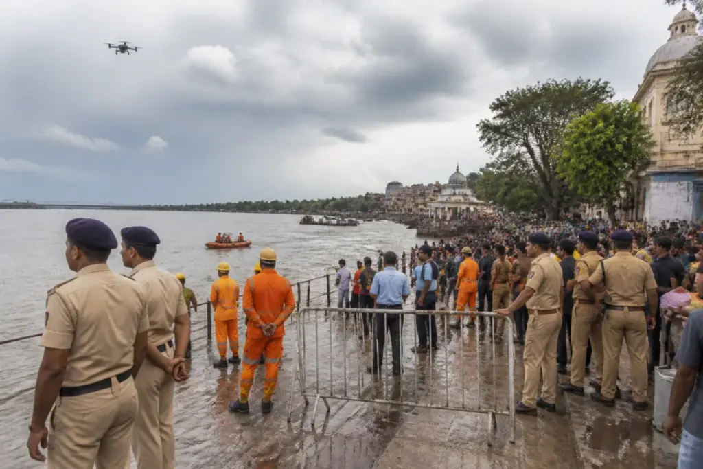Kolkata immersion security personnel monitoring a Ganga ghat before Durga idol immersions