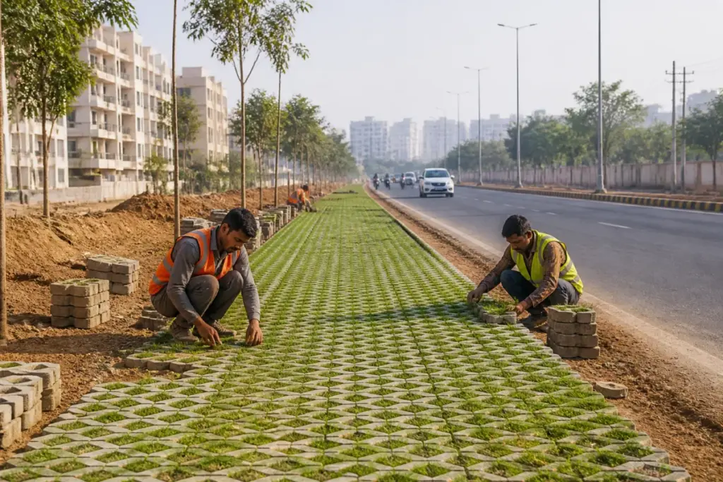 Greater Noida grass grids installed beside the 130-metre road to reduce dust and support greenery