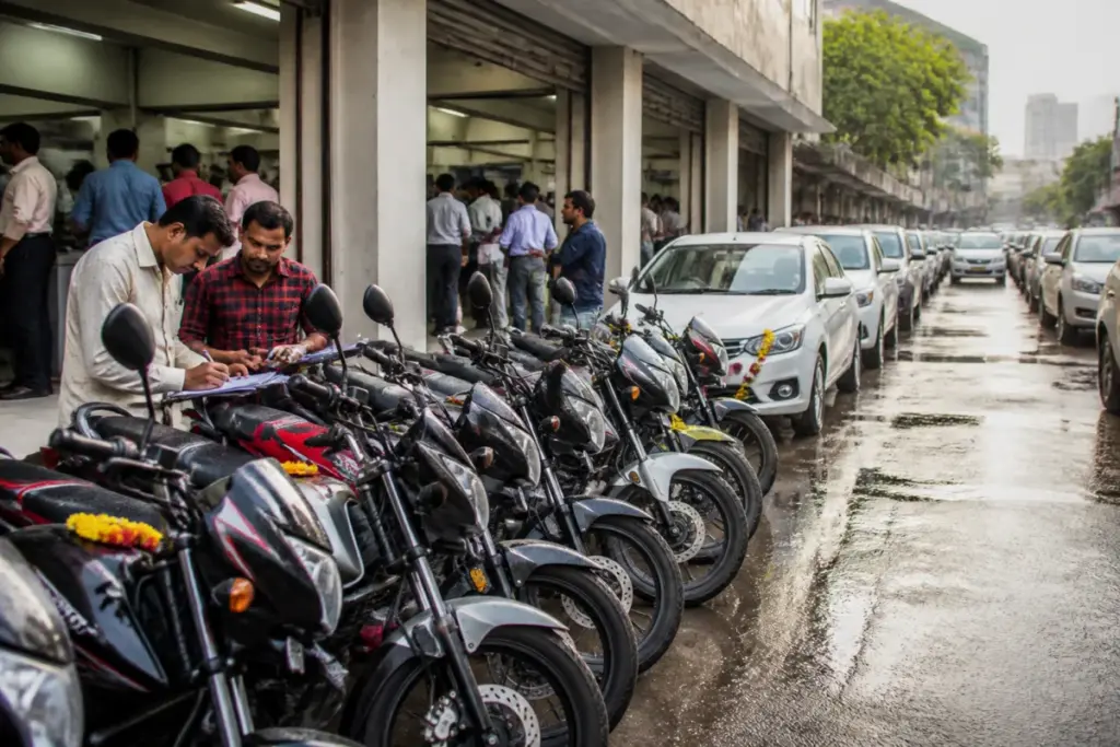 Mumbai vehicle registrations at an urban RTO, with cars and motorcycles awaiting processing